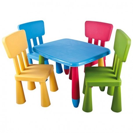 Conjunto infantil de mesa rectangular y sillas de colores fabricada en  plástico.